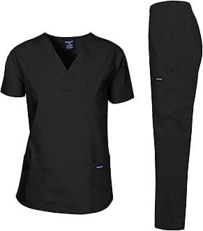 Dagacci Scrubs Medical Uniform Women and Man Scrubs Set Medical Scrubs Top and Pants, Black, Large