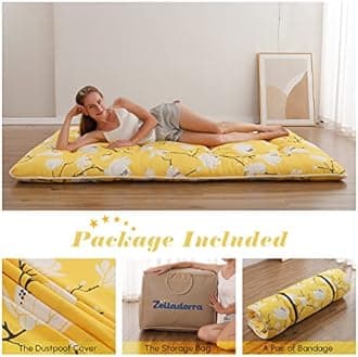 Zelladorra Japanese Floor Mattress, Futon Mattress with Portable Storage Bag and Washable Cover, Roll Up Thick Tatami Mat Suitable for Camping, Guest Room, Yellow Flower, Twin