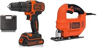 BLACK+DECKER 18 V Cordless 2-Gear Combi Hammer Drill Power Tool with Kitbox, 1.5 Ah Lithium-Ion, BCD700S1K-GB, Orange & Black + Decker KS501-GB 400 W Compact Jigsaw with Blade