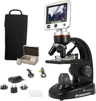 Celestron – LCD Digital Microscope II – 3.5" Screen – 5MP Camera – 40x–1600x Magnification – Rotating Head – SD Card Included – TV Output – Ideal for Slides, Labs, Classrooms, Biology, Education