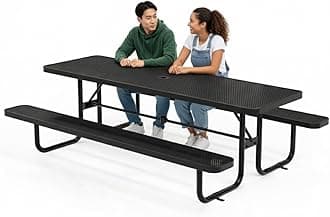 Commercial Heavy-Duty Metal Picnic Table - ADA Compliant, Adjustable Seats, Umbrella Hole (Black, 8' Rectangular, Punched Steel)