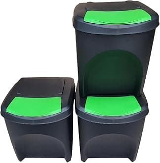 Large Stackable Recycling Bins Set of 3x25L (Brand KrysGo) - Customizable Lids with Recycling Stickers - Waste Sorting for Home, Kitchen, Office (Black + Green)