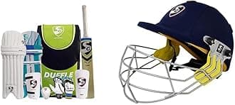 SG Summer Camp Kashmir Cricket Kit for All Ages, Green/Black - Size 3 & SG Smart Cricket Helmet (Multicolour, Extra Small Junior)