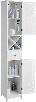 VASAGLE Bathroom Tall Cabinet, Freestanding Storage Cabinet with Shutter Doors, Drawer, and Removable X-Shaped Stand, 11.8 x 12.6 x 66.9 Inches, Scandinavian Style, White UBBC69WT
