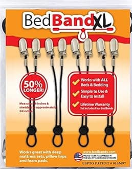 Bed Bandxl. Not Made in China. USA Worker Assembled. 50% Longer. Smooth Sheets on Any Bed. Bed Sheet Band, Holder, Gripper, Suspender, Strap. Sleep Better.