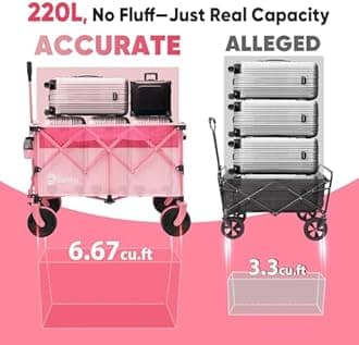 Sekey 220L Collapsible Foldable Wagon with 330lbs Weight Capacity, Heavy Duty Folding Utility Garden Cart with Big All-Terrain Beach Wheels & Drink Holders.Barbie Pink
