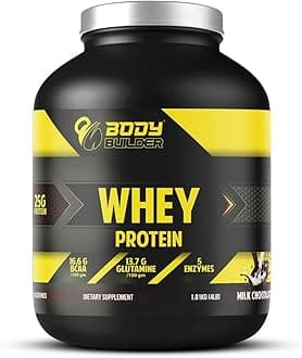Body Builder 100% Whey Protein - 25g Protein, BCAAs, Glutamine, Digestive Enzymes for Lean Muscle Growth & Endurance, Suitable for Vegetarians & Keto Dieters (4 LB, Milk Chocolate)