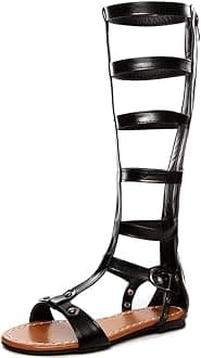 KISSASA Womens Flat Knee High Gladiator Caged Buckle Cutout Back Zip Sandals