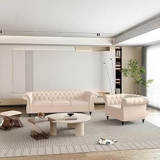 Modern Classic 5 Seater Sofa Couch Fabric & Valvet 3+1+1Footrest Tufted Chesterfield Sofa Living Room and Office (Beige)