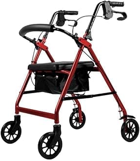 mobility walker for seniors rollator Heavy Duty 4-wheel Walker, Elderly Aluminum Folding Rollator, With Storage Box/seat Plate, Mobile Transport Chair, Handbrake Safety Lock (Color : Red)