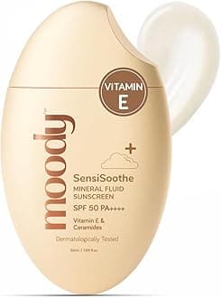Moody SensiSoothe Mineral Brightening Sunscreen Serum with Ceramides & Rice | Sunscreen for All Skin Types with SPF 50 PA++++ | No White Cast, & Non-Comedogenic Dermatologist Tested-50ML