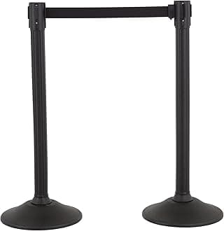 US Weight Black Plastic Stanchion for Crowd Control with 6.5' Retractable Black Barrier Belt with Tool-Free Assembly and UNIVERSAL BELT ENDS that Fit Most Brands - Pack of 2 - Made in the USA