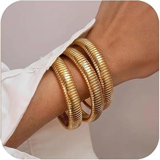 Gold Bangles for Women Chunky Stretch Bangles Bracelets Set 18K Gold Plated Stainless Steel Link Chain Bracelets Flexible Wide Wristband Bracelets Set of 3 Jewelry Gifts for Women