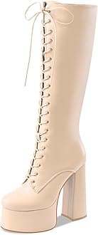 Women's High Chunky Heel Platform Knee High Boots Fashion Leather Lace Up Heeled Long Boots Wide Calf