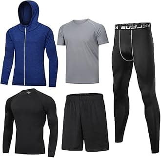 BUYJYA 5Pcs Men's Compression Pants Shirt Top Long Sleeve Jacket Athletic Sets Gym Clothing Mens Workout