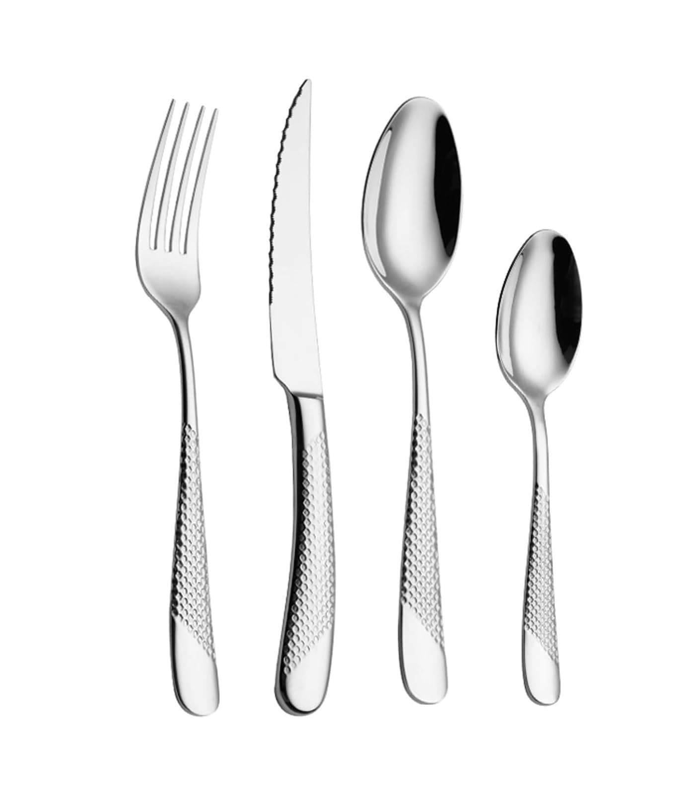 Mirror Finish Silver Plated Stainless Steel Flatware Set - Copper Silverware Rose Gold Color Cutlery [Dinner Fork, Tea Spoon, Salad Spoon, Knife] Set of 4 (Silver DOT)