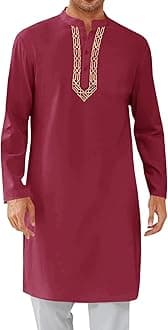 Mens Kaftan Thobe Button Down Casual Henley Shirts Long Sleeve Robe Cotton Linen Muslim Gown Shirt