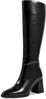 wetkiss Knee High Boots for Women, Chunky Boots with Side Zipper, Stretch Slit, Almond Toe, Stacked Block Heel
