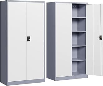 Yizosh Metal Garage Storage Cabinet with Lock, 72" Locking Tool Cabinet with 2 Doors and 4 Shelves for Garage,Office,School (Gray White)