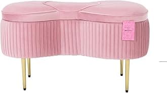 Impressions Vanity Hello Kitty Bow Velvet Storage Bench for Bedroom and Living Room, Luxurious Design Foam Padded Upholstered Ottoman Bench Seat Organizer with Gold Metal Legs
