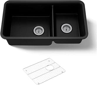 K-8204-CM1 Cairn Sink, 33" Neoroc Composite Undermount Double-Bowl Kitchen Sink, Composite Kitchen Sink with Sink Rack, Matte Black