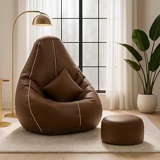 Biggie Bean Bag Chair 6XL with Beans Filled-Piping Luxe Set- Bean Bag with 3D Piping-Crafted for Comfort-Styled for Elegance with Free Cushion & Footrest (Matching Color : Piping, Brown Cream)