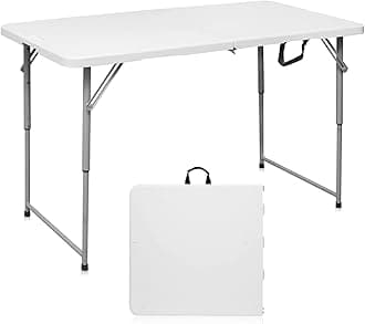 Folding Table 4 Foot Portable Heavy Duty Plastic Fold-in-Half Utility Table Small Indoor Outdoor Adjustable Height Folding with Carrying Handle, Camping and Party,White | Portable, Heavy Duty, Fold-in-Half, Indoor Outdoor, Adjustable Height, Folding