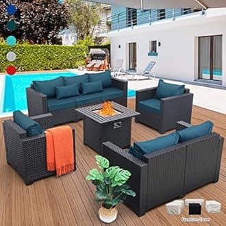 Patio Furniture Set 31-Inch Fire Pit 5-Piece Outdoor Furniture Sets Patio Couch Outdoor Chairs 50000 BTU Steel Propane Fire Pit Table Grille Tabletop No-Slip Cushions Waterproof Covers, Peacock Blue