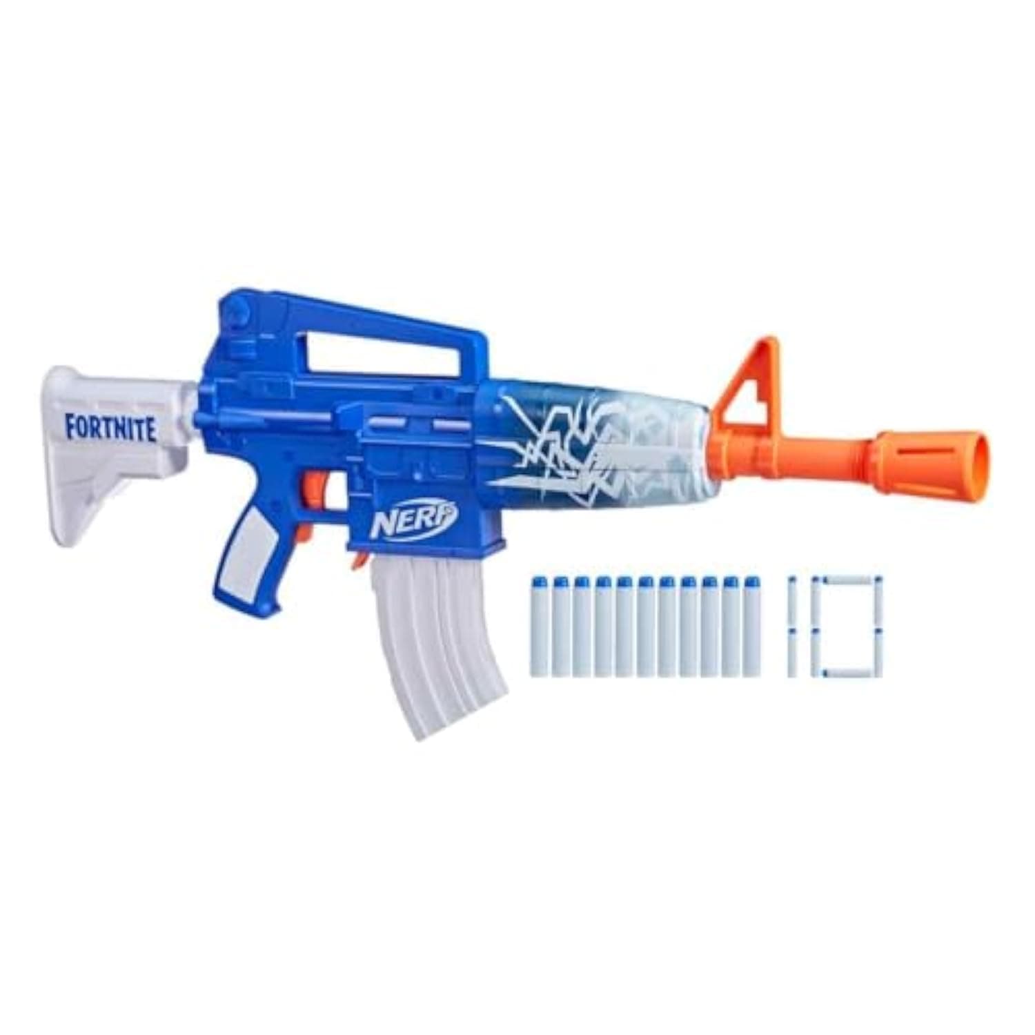 Nerf Fortnite Blue Shock Blaster, 10-Dart Clip, 10 Elite Nerf Darts, Includes Bonus Code To Unlock The Beat Wrap in the Game, Motorized Dart Blaster