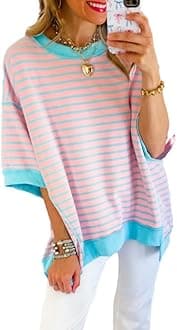 SHEWINWomens Tops Casual Short Sleeve Sweatshirt Striped Shirt Crewneck Pullover T Shirts Loose Blouses