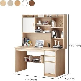 LITFAD Modern Computer Desk Work from Home Desk with Hutch, Bookcase and Integrated Cable Management, Rectangular Wood Office Desk 3 Drawers, 47.2" L x 17.7" W x 64.2" H, Grey