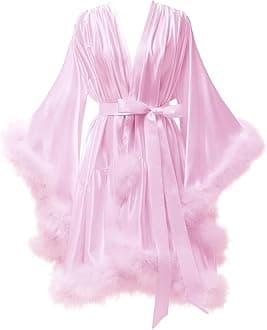 Yexinbridal Feather Fur Robe Silk Satin Bridal Dressing Gown Sexy Illusion Lingerie Nightgown Bathrobe Sleepwear