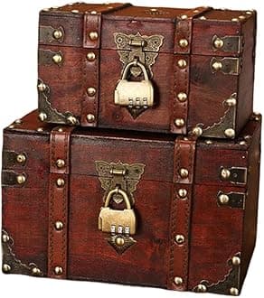 MVSR Vintage Storage Box Wooden Treasure Chest Small Pirate Chest Antique Style jewellery Organizer Handmade Decorative Boxes with Lid and Metal Lock (Password - Set of 2)