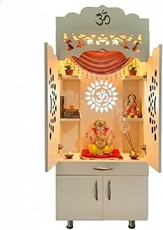 Alpine Willow 5 feet X 2 Feet Premium Wooden Temple for Home with Door (Pre-Assembled) Modern Pooja Mandir with LED Light,Storage Cabinet & OM Design I Pooja Stand for Living Room & Office | Devghar,