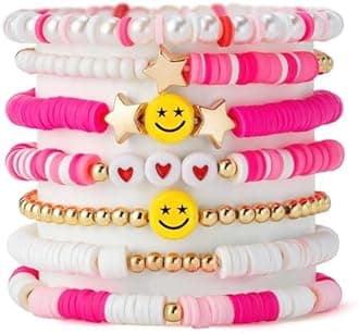 Shining Diva Fashion 7Pcs Combo Latest Stylish Beach Surfer Bracelets Set | Colorful Preppy Heishi Bracelet | Multilayer Boho Happy Smile Heart Star Stretch Beaded Bracelets | Evil Eye Stackable