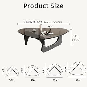 Triangle Coffee Table Modern Noguchi End Table, Solid Wood Base and 8mm Thick Tempered Glass Top Accent for Living Room Office Hotel Patio (Black Legs + Gray Glass, 32 * 22 * 16)