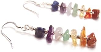 Women 925 Sterling Silver Chakra Earrings Gemstone Multicoloured Amethyst Lapis Lazuli and Blue Lace Agate Pierced