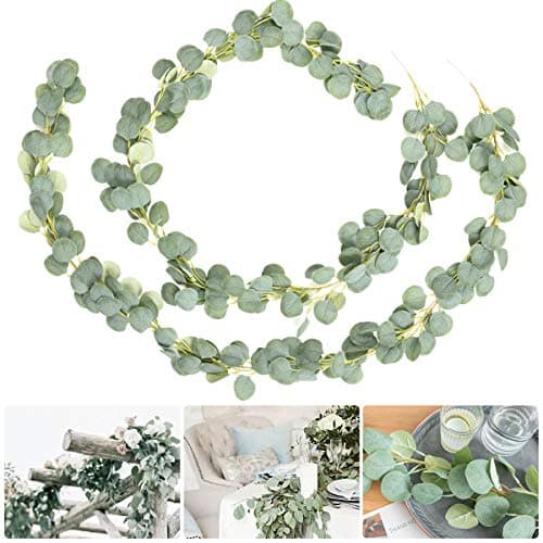 ANPHSIN 2 Pack Artificial Silver Dollar Eucalyptus Leaves Garland- Greenery Faux Silk Vines Fake Hanging Eucalyptus Leaf Garland for Wedding Backdrop Arch Wall Centerpieces Decor Flower Arrangement