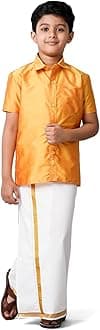RAMRAJ COTTON Boys Silk Cotton Shirt With Adjustable Dhoti Perfect For Ceremonies| Festivals| And Special Occasions