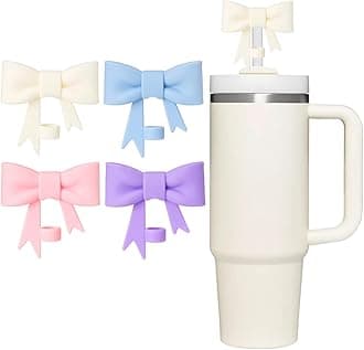 HIUSITY Pink Bow Straw Cover Topper for Stanley Cup,Silicone Beige Straw Toppers for Tumbler with Handle 40oz,Cute 10mm/0.4in Straw Covers Cap,Reusable Straw Lids for Stanley Cups Accessories, 4Pcs