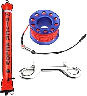 4ft Red Scuba Diving Open Bottom Surface Marker Buoy (SMB) with 49ft Finger Spool Alloy Dive Reel and Double Ended Bolt Clip - Blue