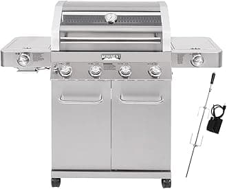 Monument Grills Larger 4-Burner Propane Gas Grills Stainless Steel Cabinet Style with Infrared Side Sear & Side Burners Knob Controls Built-In Thermometer with Stainless Steel Rotisserie Kit(2 Items)