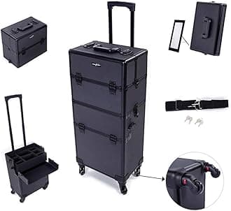 mefeir 2 in 1 Rolling Makeup Train Case Professional Cosmetic trolley on Wheels Aluminum Nail Cart Cosmetic Suitcase for professional makeup artist, Luggage Lockable w/4 Removable Wheels (Black)