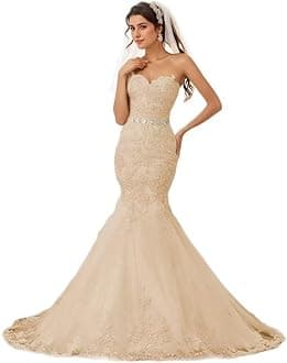 Lace Mermaid Wedding Dress 2026 Strapless Beach Wedding Dresses for Women Bride Applique Tulle Long Boho Bridal Gowns