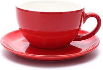 Manual Brew Coffee Cup and Saucer, Latte Art Cappuccino for Coffee Shop and Barista (Glossy Red, 8.5 oz)