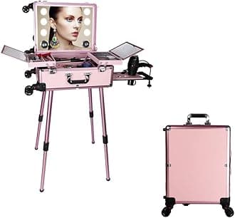 Professional Makeup Train Case - Large Travel Cosmetics Organizer with Mirror & LED Light, Rolling Makeup Trolley, Portable Vanity Makeup Brush Storage Box (Pink)