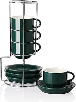 Sweejar Porcelain Espresso Cups with Saucers, 2.5 Ounce Stackable Cappuccino Cups with Metal Stand for Coffee Drinks, Latte, Tea - Set of 4 (Jade)