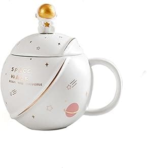 NYRWANA Coffee Mug, Gift for Man, Mugs for Present, Birthday Present for Brother, Astronaut Planet Coffee Mug with 3D Creative Space, Lid & Spoon (400ml-White)