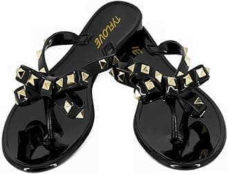 Women Rivet Flip Flops Studded Jelly Thong Sandals with Bow Summer Bowtie Flat Beach Rain Shoes