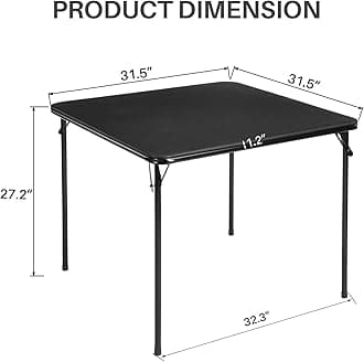 FurnitureR Folding Dining Table with Collapsible Legs for Portability and Storage, 31.5-Inch Foldable Square Card Table, PVC Tabletop, Metal Frame, Lightweight for Indoor/Outdoor, Black